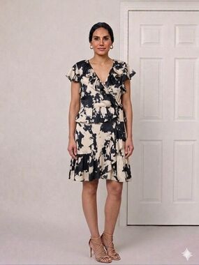 NWT Bardot Black & Cream Ruffle Faux Wrap Dress